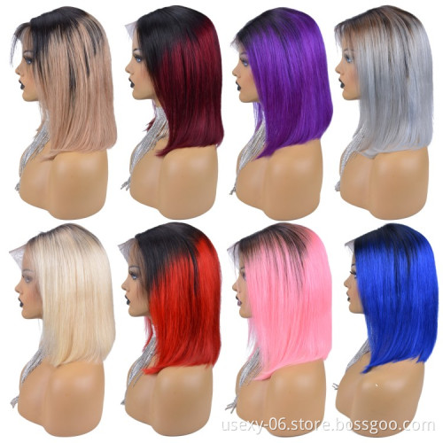 Colored Bob Lace Front Human Hair Wigs Brazilian Virgin Hair Blonde Pink Red Blue Yellow Gray Orange Color Short Bob Cut Wigs